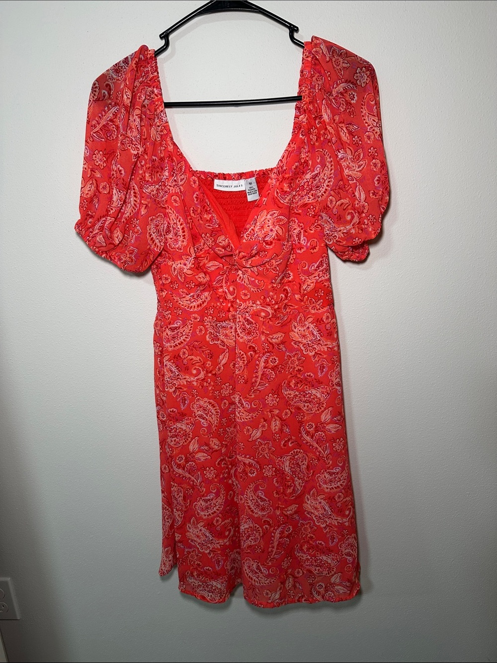 Sincerely Jules Red Paisley Puff-Sleeve Mini Dress